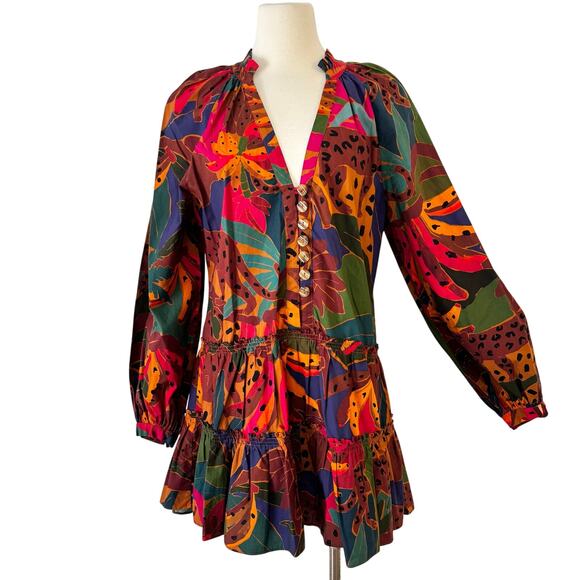 FARM Rio Leopard Jungle Tiered Cotton Mini Dress Long Sleeves Brown Multi M - Picture 1 of 12